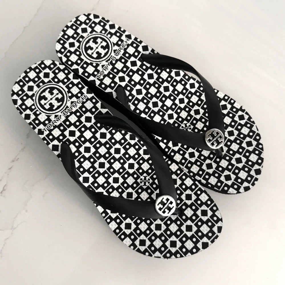 Tory Burch Wedge Flip Flop Sandals Women 9 Black White Geometric Thin Platform